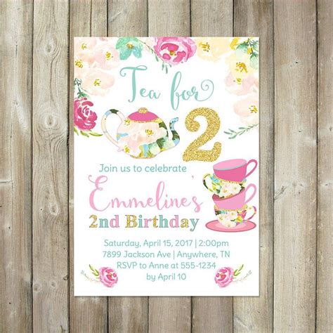 Tea For 2 Birthday Party Invitation Digital File Etsy Girl 2nd Birthday