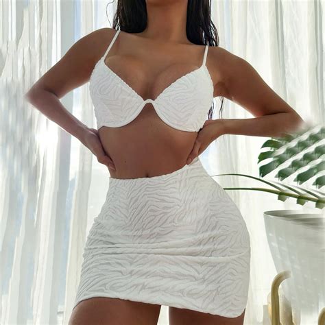 Solid Wave Cloth Split Bikini Set Sexy Steel Holder Three Piece Swimsuit Brazilian Halter Beach