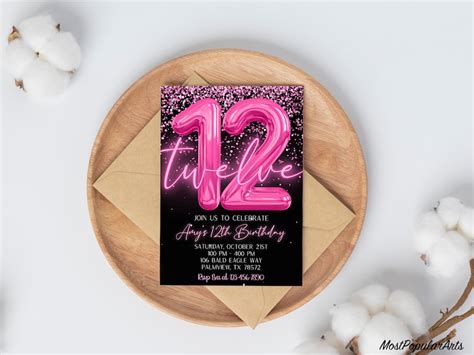 Editable Pink 12th Birthday Invitation Template Glitter Birthday Party Invite Rainbow Foil