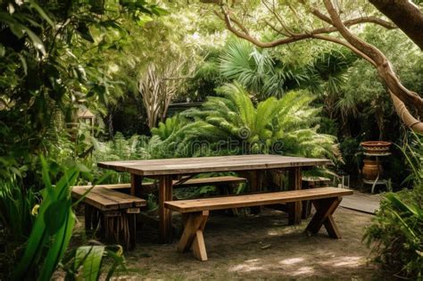 A Beautiful Outdoor Setting With A Wooden Table Surrounded By Lush