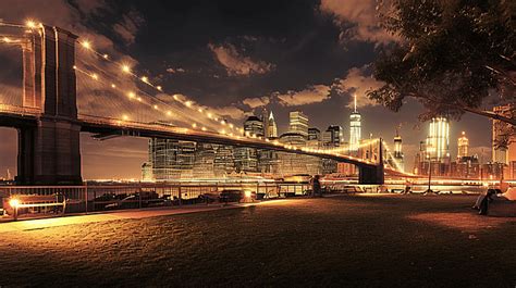 Brooklyn Bridge Park At Night Background, Blue, City, Financial ...