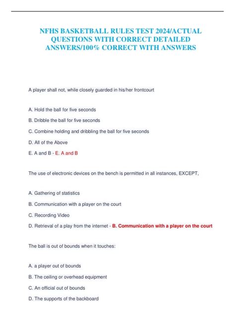 Nfhs Basketball Rules Test Actual Questions With Correct Detailed