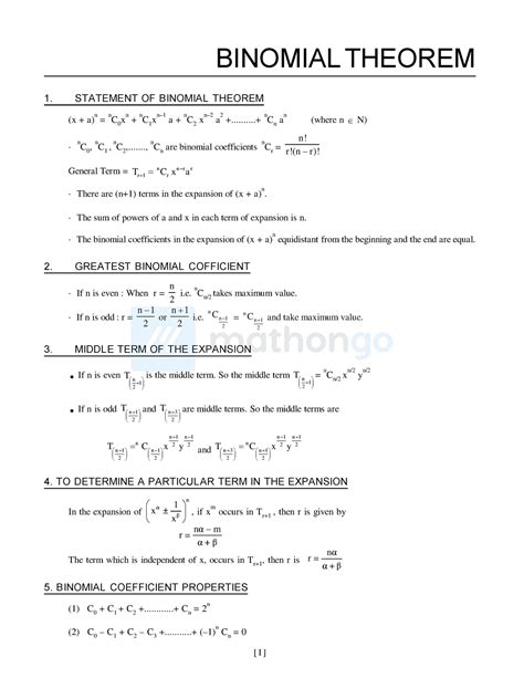 Binomial Theorem Formula Sheet B Tech CSE Studocu