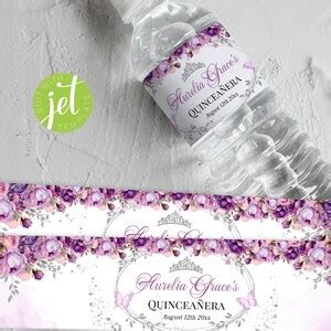 Purple And Silver Quinceanera Water Bottle Labels Floral Sweet Sixteen