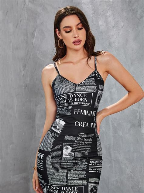 Shein Usa Newspaper Print Dress Printed Bodycon Dress Newspaper Dress