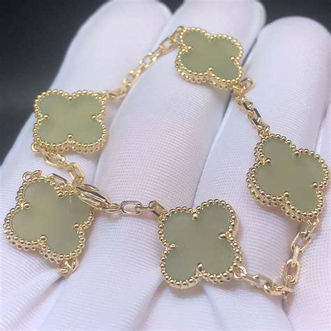 Custom Van Cleef Arpels 18K Yellow Gold Vintage Alhambra Jade 5 Motifs