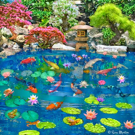 Tranquil Koi Fish Pool Surrounded By A Japanese Garden Of Flowering