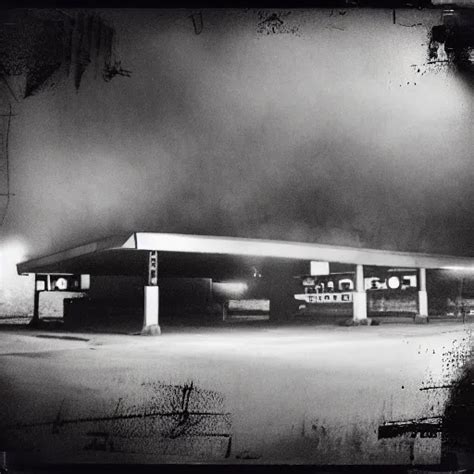 Polaroid Abandoned Gas Station Dark Moody Foggy Stable Diffusion