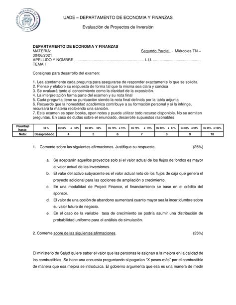 2 Parcial EP 2021 Tema I UADE DEPARTAMENTO DE ECONOMIA Y FINANZAS