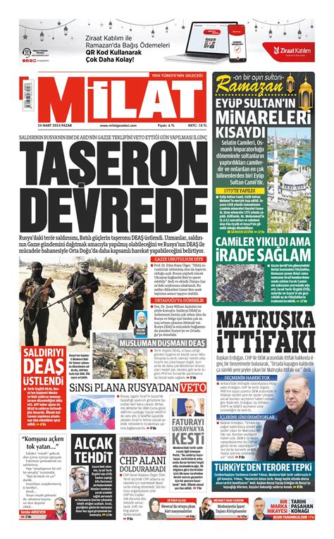 Milat Gazetesi 24 Mart 2024 Pazar Günü Manşeti