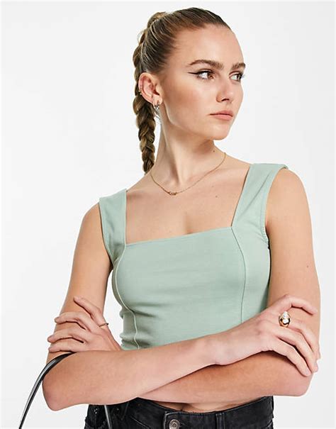 Asos Design Crop Cami With Square Neck And Seam Detail In Sage Asos