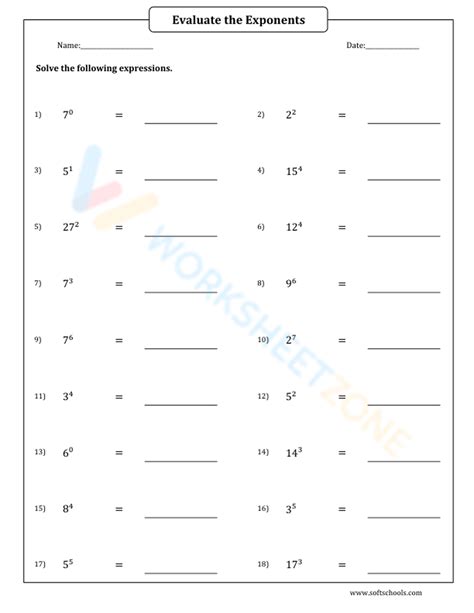 Evaluate Exponents 6 Worksheet