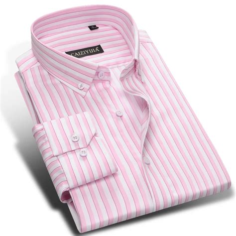 Mens Pink White Vertical Striped Dress Shirts Long Sleeve Tops