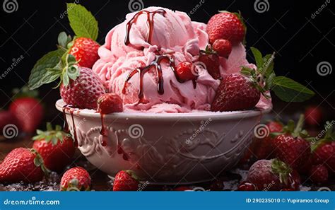 Fresh Strawberry Ice Cream On A Wooden Table Indulgent And Refreshing