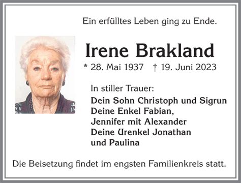 Traueranzeigen von Irene Brakland Allgäuer Zeitung