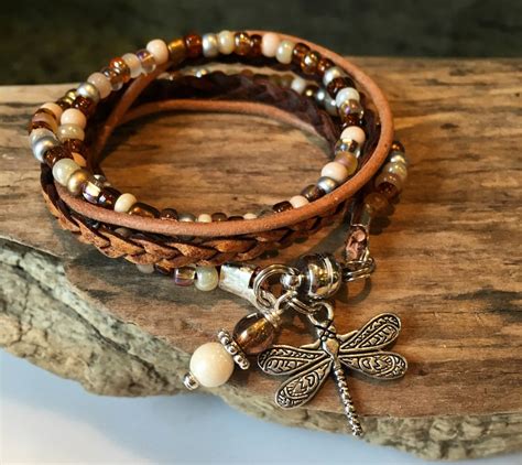 Wrap Bracelet Beaded Boho Wrap Leather Beaded Wrap Natural Tan Braided Wrap Bracelet Cream