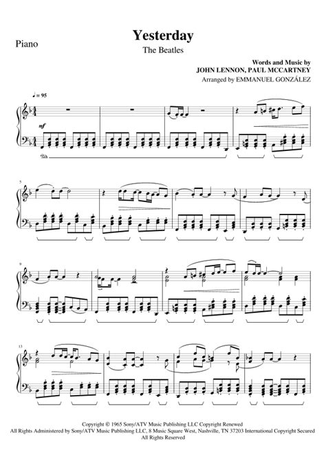 Yesterday Arr Emmanuel González By The Beatles Sheet Music For Piano