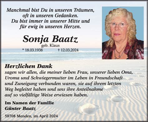 Traueranzeigen Von Sonja Baatz Trauer In Nrw De