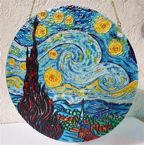 Van Gogh Starry Night Sancetcher Stained Glass Wall Art Etsy