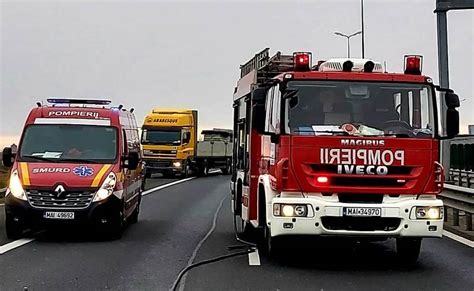 INCENDIU pe Autostrada A1 Sebeș Sibiu O roată a unui autocamion