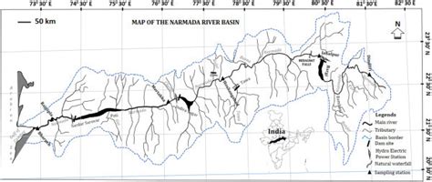 Map of the Narmada river basin showing location of sampling stations ...