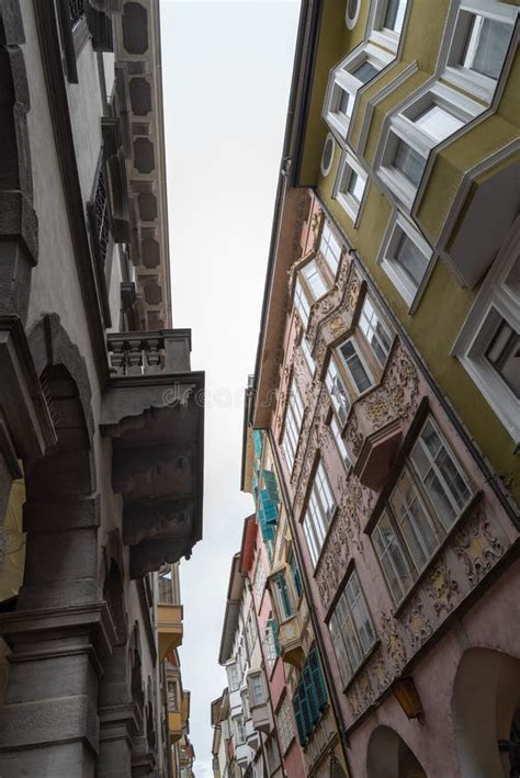 Traditional Facade And Colorful Beautiful Architecture In Bolzano Old