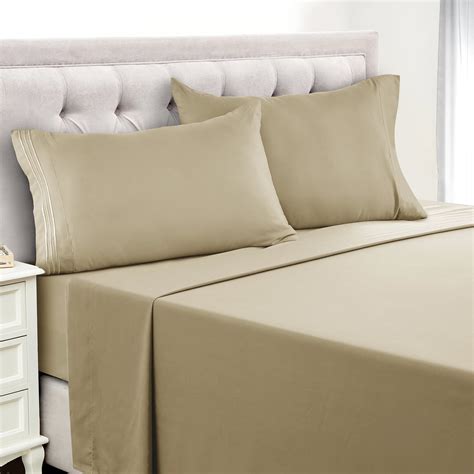 Lux Decor Collection Twin Bed Sheets Set 16 Inch Deep Pocket Microfiber Sheets Beige