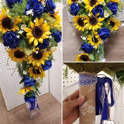 Sunflower Cascading Bouquet Navy Blue Rose Brides Bouquet Etsy