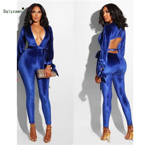 Velvet Back Hollow Jumpsuits Women Long Sleeve Overalls Sexy Deep V Neck Rompers Women Jumpsuit