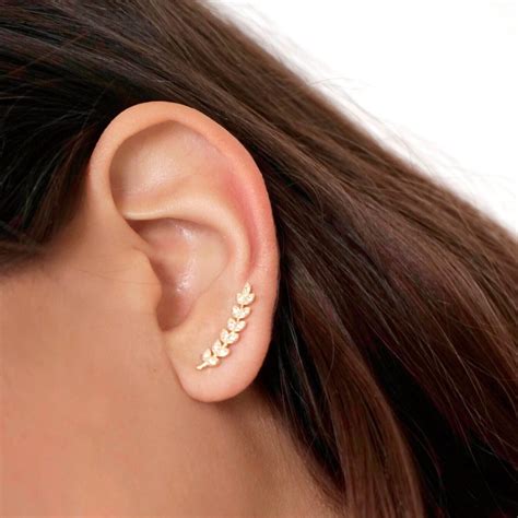 Gold Cz Ear Crawler Minimalist Gold Ear Climber Leaves Ear Etsy