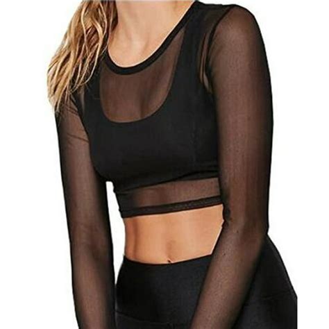 Bonrich Women Sexy Mesh Sheer See Through Long Sleeve Gauze Crop Tops