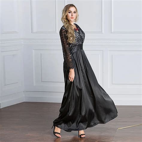 High Quality Lace Stitching A Line Black Dress Women Three Quarter