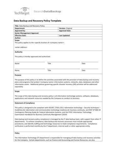 Data Backup And Recovery Policy Template 1