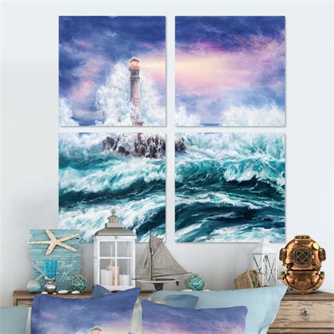 Longshore Tides Lighthouse Wild Blue Ocean Waves 4 Piece Wrapped