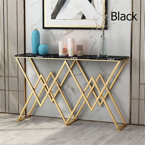 Modern Black Narrow Console Table With Marble Top And Goal Metal Frame Metal Console Table