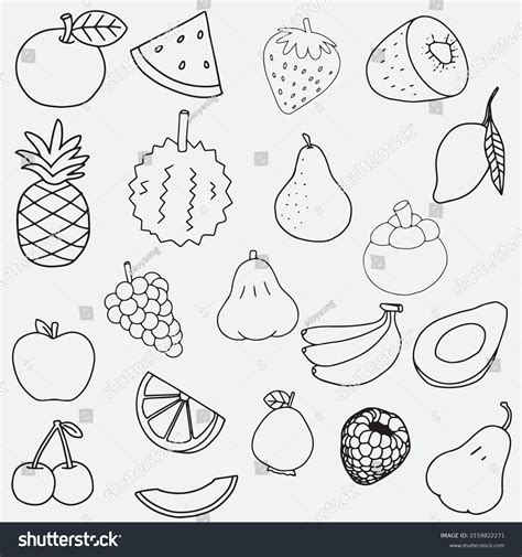 Set Fruit Black Line Simple Drawing เวกเตอร์สต็อก ปลอดค่าลิขสิทธิ์