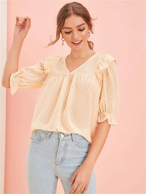 Shein Ruffle Trim Swiss Dot Top Tops Trendy Fashion Tops Blouses