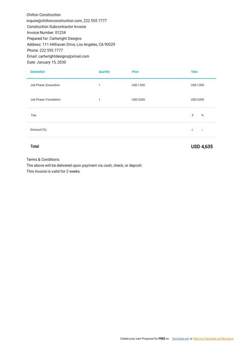 Free Subcontractor Invoice Template