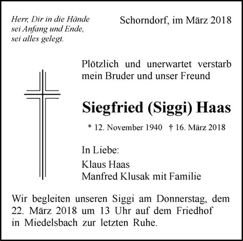 Traueranzeigen Von Siegfried Haas ZVW Trauer