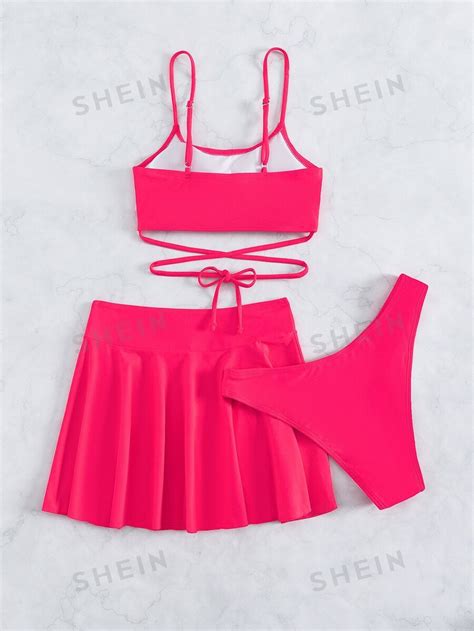 SHEIN Swim Conjunto de bikini de una pieza para verano con top de sujetador inalámbrico cruzado