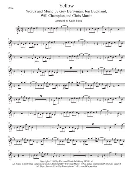 Yellow Arr Kevin Busse By Coldplay Sheet Music For Oboe Solo At