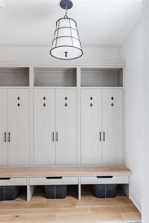 Benjamin Moore Cumulus Cloud Mudroom Cabinet With White Oak Bench