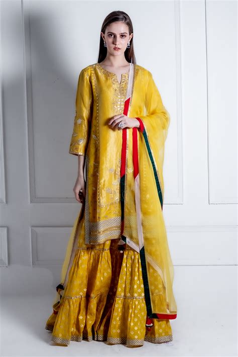 Buy Yellow Chanderi Embellished Gota Notched Gulmohar Kurta Gharara Set