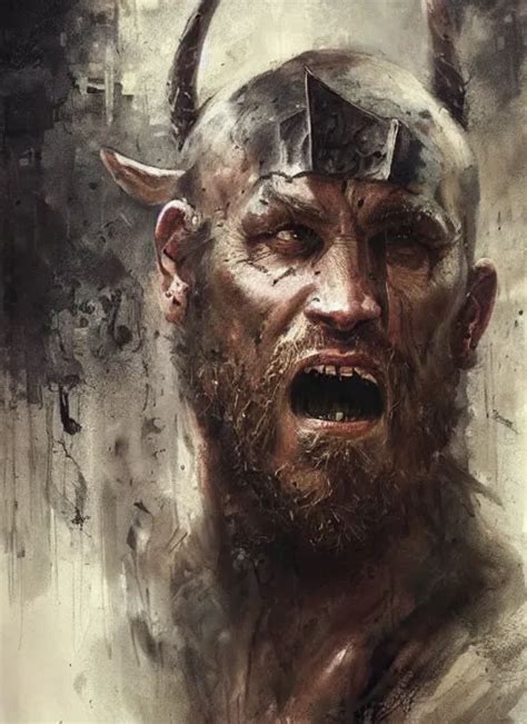 Portrait Painting Of Viking Berserker With A Dinosaur Stable