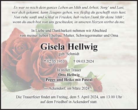 Traueranzeigen Von Gisela Hellwig Abschied Nehmen De