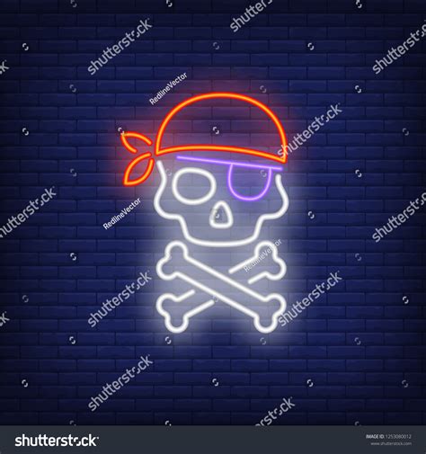 Skull Bandana Eyepatch Neon Sign Pirates เวกเตอรสตอก ปลอดคา