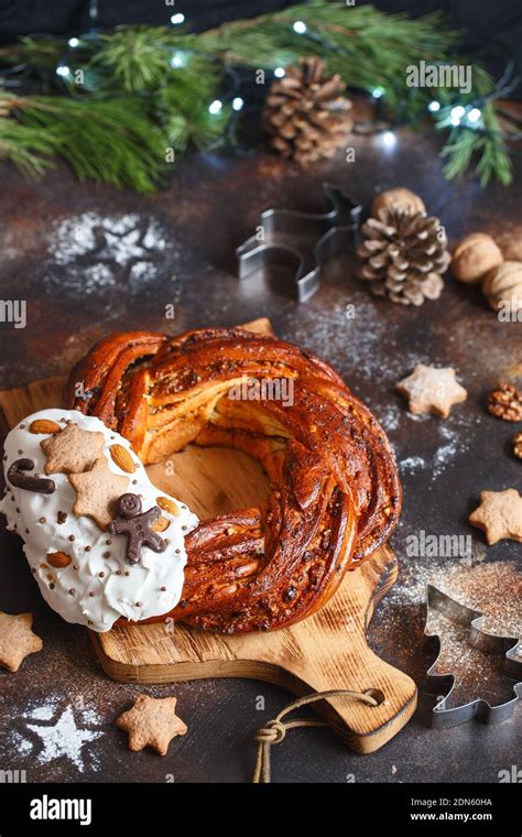 Sweet Bread Wreath Decorated With Stars Cookies Honey Brioche Garland With Chocolate And Nuts