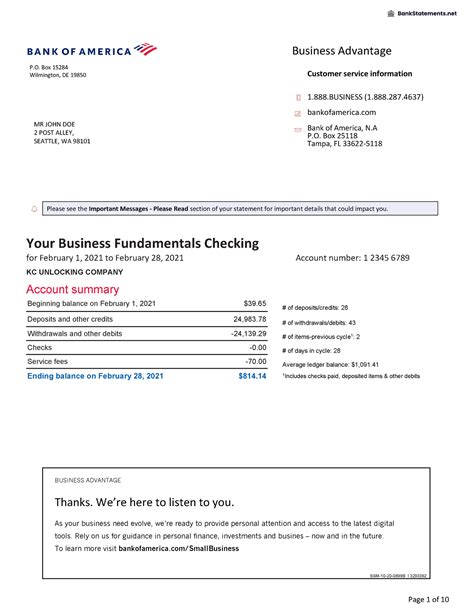 Bank Of America Sample Statement Business Advantage P Box 15284