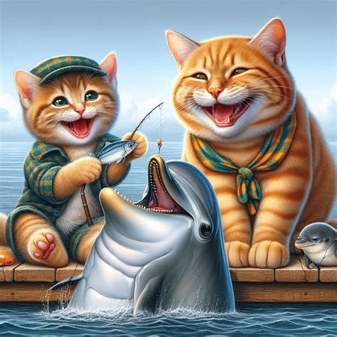 Ginger Scottish Cat And Kitten Feed Dolphin On Sea Dock Heartwarming