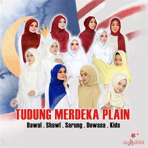 tudung perbarisan warna plain colour bendera malaysia merah putih biru
